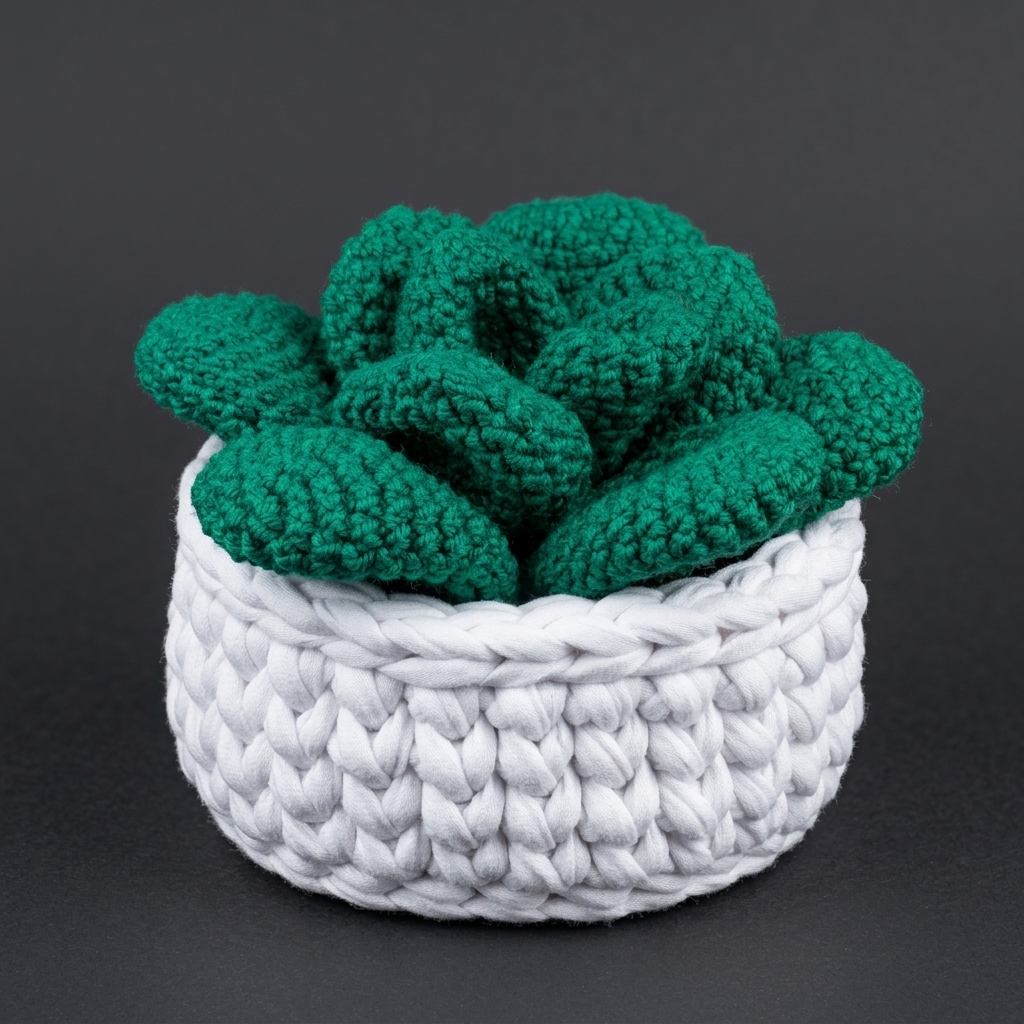 Canasto circular blanco con planta cactus tejido a mano
