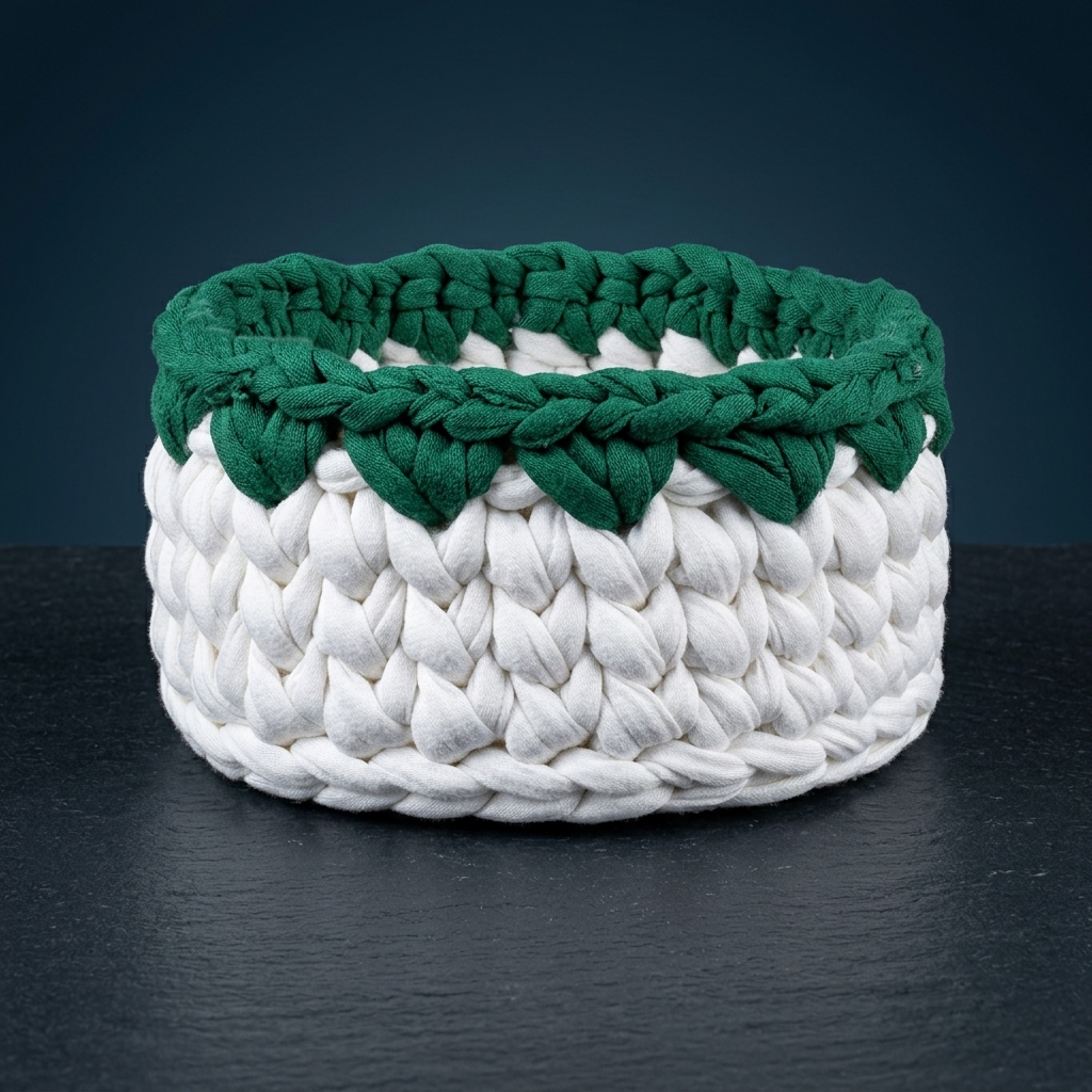 Canasto circular blanco con el borde superior de color verde tejido a mano
