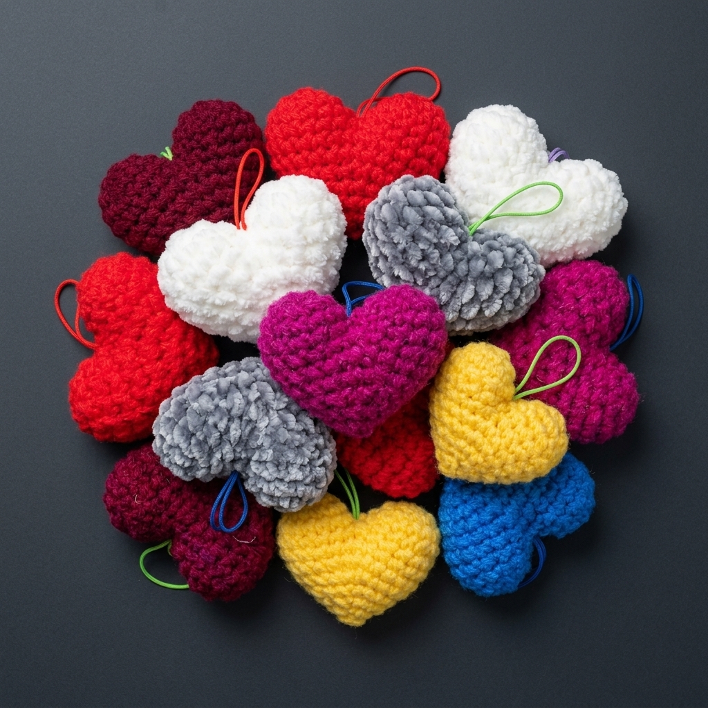 Corazones miniaturas de varios colores tejidos a mano