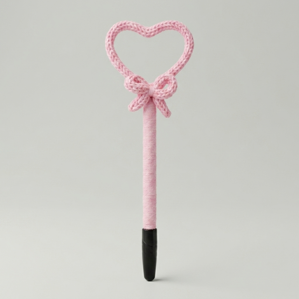 Esfero con forma de corazón de color rosa tejido a mano