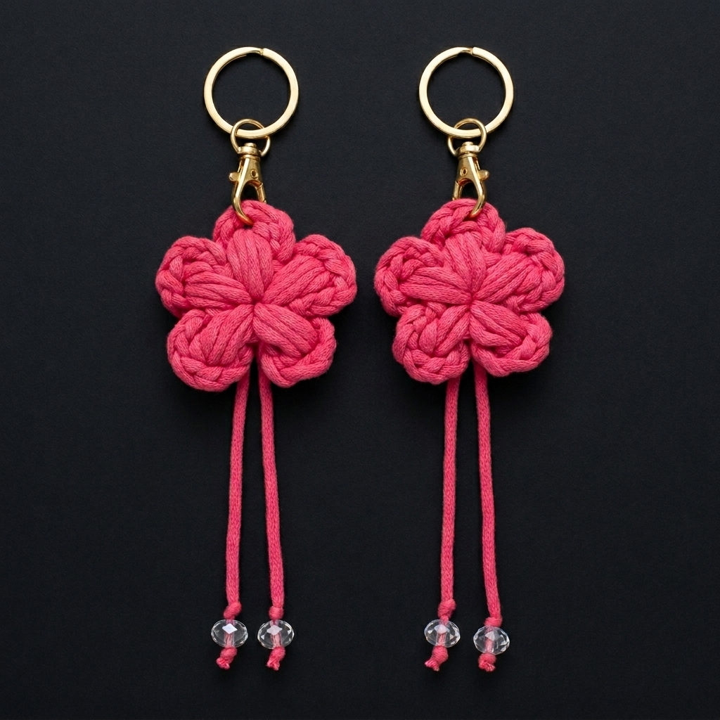 Llavero en forma de corazón de color rosa plano tejido a mano