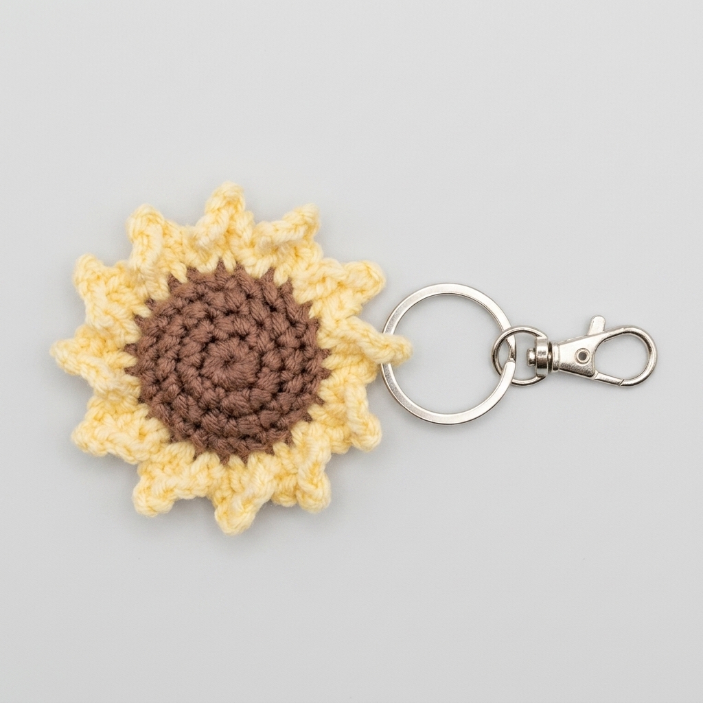 Llavero en forma de girasol tejido a mano