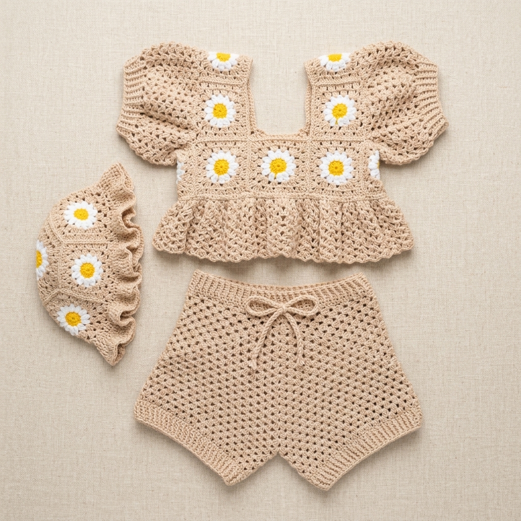 Conjunto de un vestido gris para bebe tejido a mano