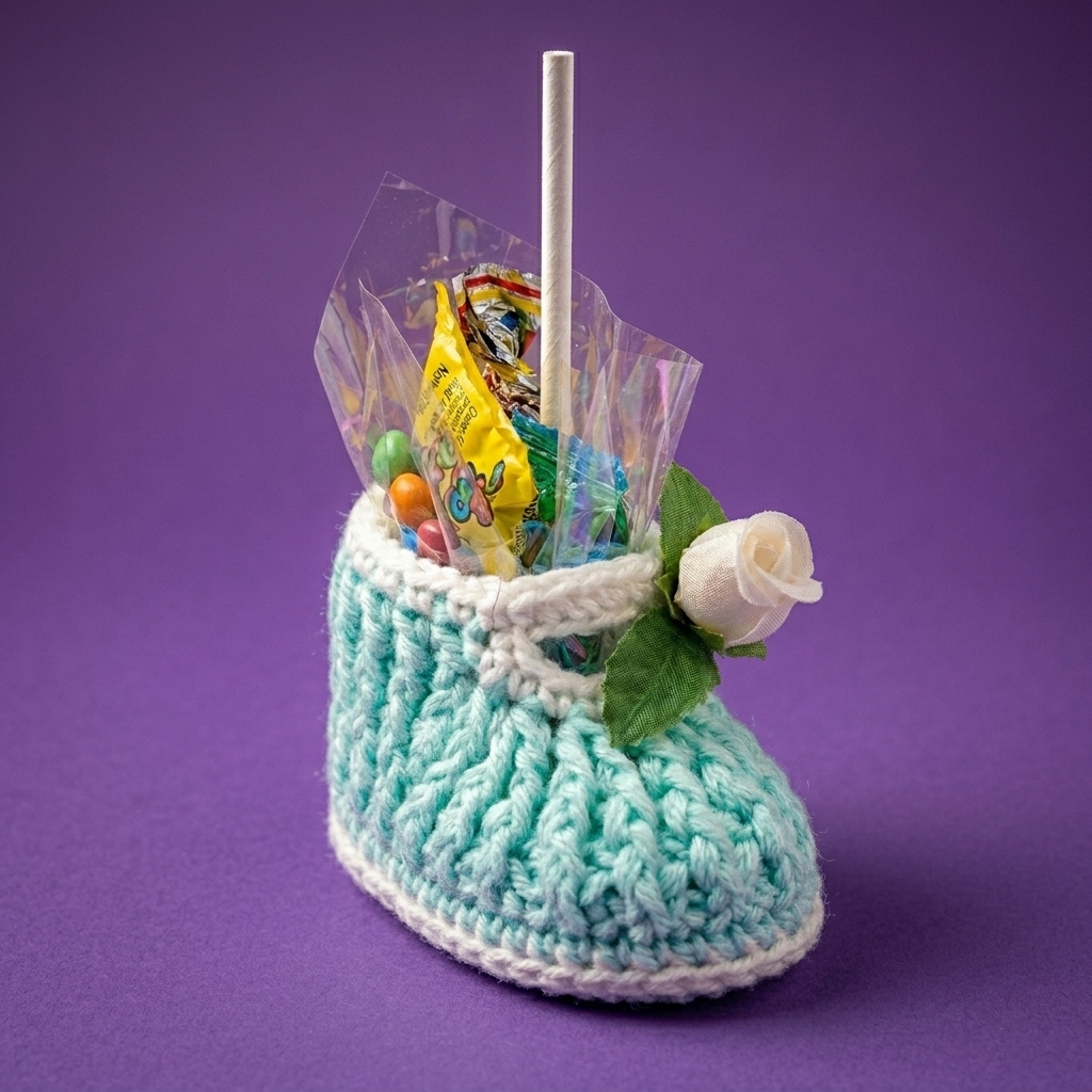 Zapatos miniaturas de varios colores con un detalle de dulce adentro tejido a mano